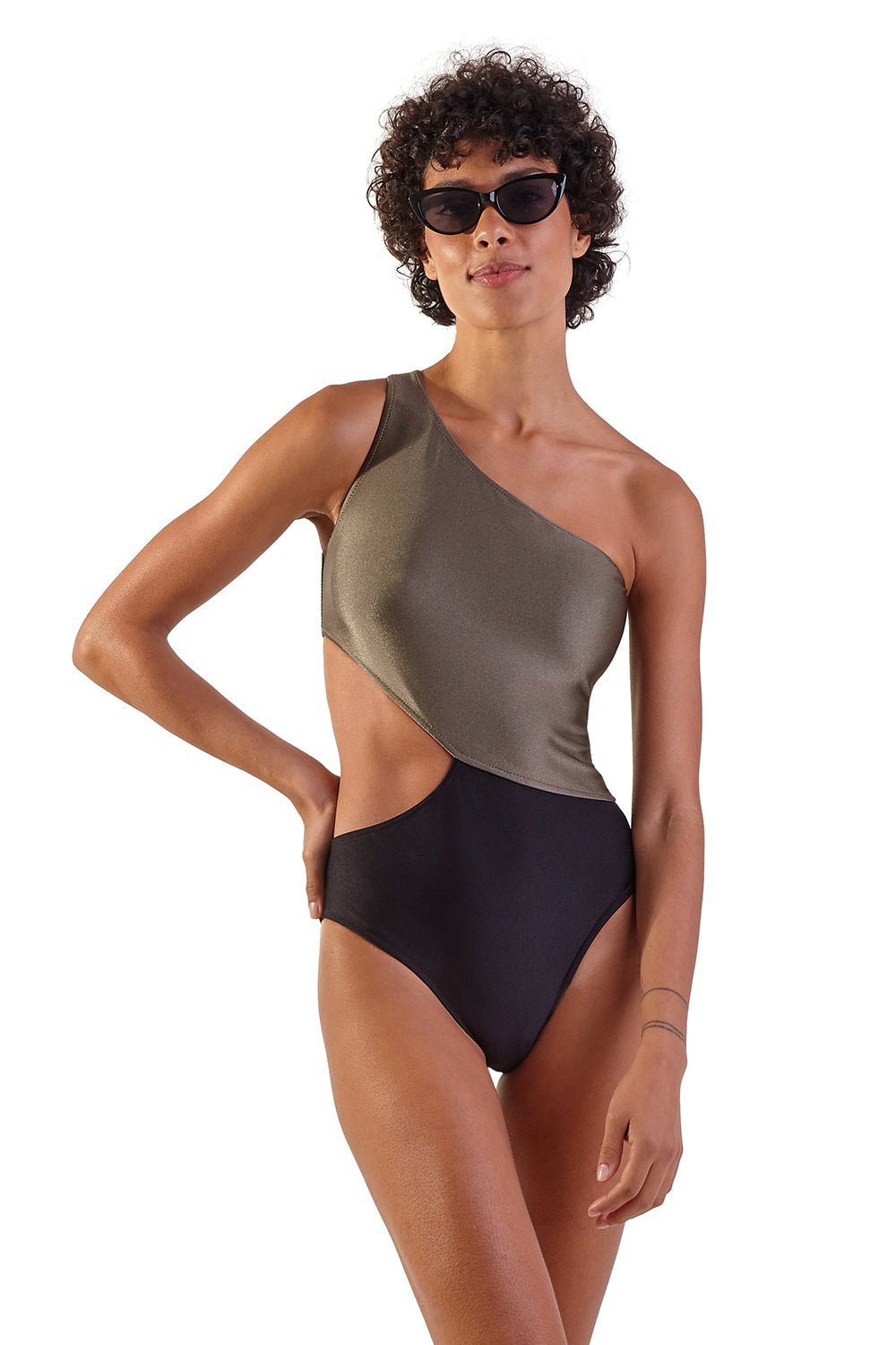 One-shoulder black and green One Piece swimsuit